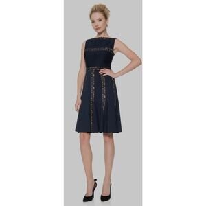 Tadashi Shoji Pintuck Jersey Lace Sleeveless Midi Formal Dress in Navy | XS